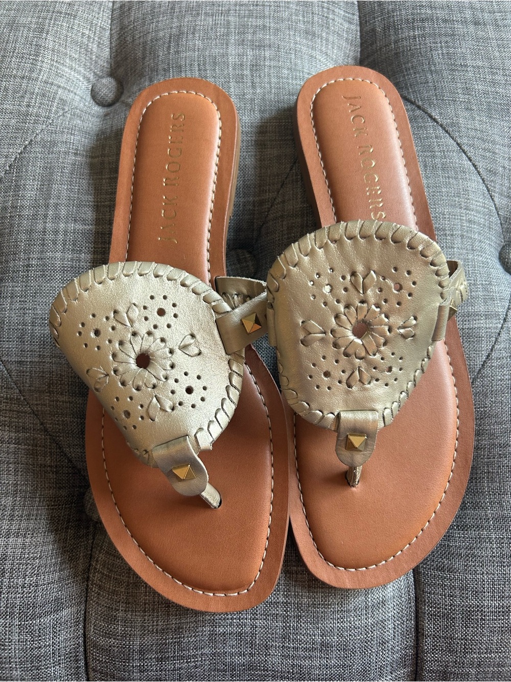 Jack Rogers Gold Leather Medallion Thong Sandals